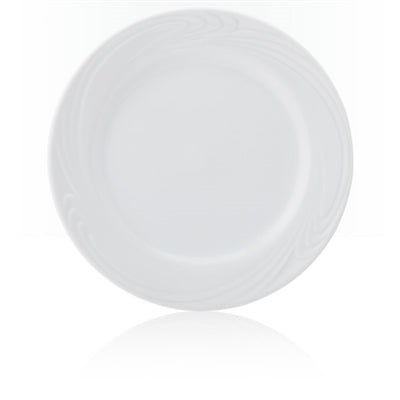 Professional Quality white Waves dinner plate 10 5/8 in by Porcelain Schmidt. With beautiful texture on the edges that resemble the waves of the sea, the Waves model is the perfect match between class and versatility of white porcelain with a modern detail.