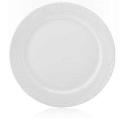 Professional Quality white Waves dinner plate 11 7/8 in by Porcelain Schmidt. With beautiful texture on the edges that resemble the waves of the sea, the Waves model is the perfect match between class and versatility of white porcelain with a modern detail.