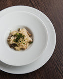 Professional Quality white Saturno Side Plate 7 1/2 in - Set 36 by Porcelain Schmidt. Very delicate plate with parallel lines. The edges are reinforced. Perfect for crowded places like steakhouses and self-service.