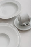 Professional Quality white Saturno Side Plate 7 1/2 in - Set 36 by Porcelain Schmidt. Very delicate plate with parallel lines. The edges are reinforced. Perfect for crowded places like steakhouses and self-service.