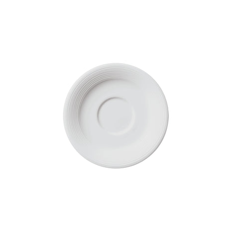 Professional Quality white Saturno Espresso Saucer 4 1/4 in - Set 36  by Porcelain Schmidt. Very delicate plate with parallel lines. The edges are reinforced. Perfect for crowded places like steakhouses and self-service. 