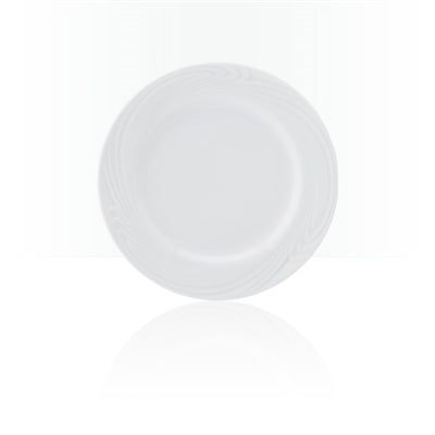 Professional Quality white Waves dinner plate 7 5/8 in by Porcelain Schmidt. With beautiful texture on the edges that resemble the waves of the sea, the Waves model is the perfect match between class and versatility of white porcelain with a modern detail.