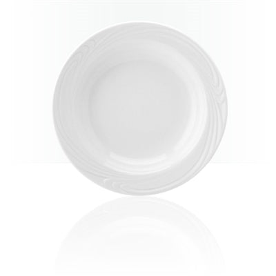Professional Quality white Waves soup plate 9 in by Porcelain Schmidt. With beautiful texture on the edges that resemble the waves of the sea, the Waves model is the perfect match between class and versatility of white porcelain with a modern detail