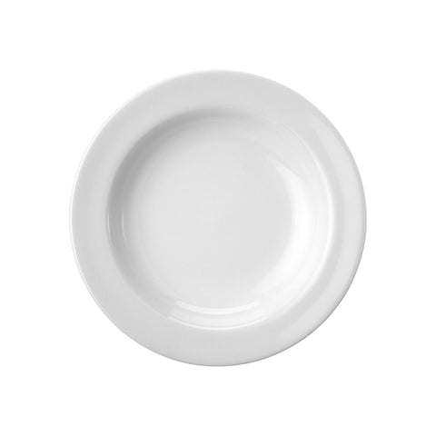 Professional Quality white Cilindrica Soup plate 9 in by Porcelain Schmidt. With flat plates, the Cilindrica model is perfect for breakfast , room service and coffee shop.