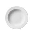 Professional Quality white Saturno Soup Plate 9 in - Set 24  by Porcelain Schmidt. Very delicate plate with parallel lines. The edges are reinforced. Perfect for crowded places like steakhouses and self-service. 