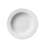 Professional Quality white Saturno Soup Plate 9 in - Set 24  by Porcelain Schmidt. Very delicate plate with parallel lines. The edges are reinforced. Perfect for crowded places like steakhouses and self-service. 