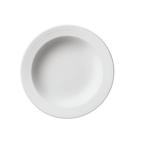 Professional Quality white Saturno Soup Plate 9 in - Set 24  by Porcelain Schmidt. Very delicate plate with parallel lines. The edges are reinforced. Perfect for crowded places like steakhouses and self-service. 