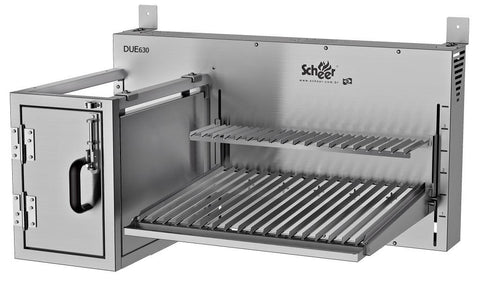 Barbecue Automatic Parrilla Grill + Fire Box. The Due 630 is the classic Argentinean Grilling style Parrilla in V Shape where you start the fire on the wood located on the wood basket, spread the coals underneath the grilling system. The Grill has a motorized system where you move up and down by pushing the switch, controlling fire intensity and heating. 