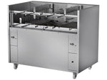     Charcoal Chicken Machine C-FR. Scheer Professional Charcoal Chicken machine. Developed especially to meet the demand of chicken roasts, the chicken machine can be manufactured with 1 or 2 galleries and holds up to 17 grills in 2 galleries and besides the baskets you can roast with single blade or triple skewers or flat grills for steaks. Brushed stainless steel coated is giving to the equipment more durability, strength and also hygiene, it already comes with refractory brick so the unit is ready fo