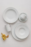 Professional Quality white Saturno Soup Plate 9 in - Set 24  by Porcelain Schmidt. Very delicate plate with parallel lines. The edges are reinforced. Perfect for crowded places like steakhouses and self-service. 