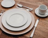 Professional Quality white Saturno Soup Plate 9 in - Set 24  by Porcelain Schmidt. Very delicate plate with parallel lines. The edges are reinforced. Perfect for crowded places like steakhouses and self-service. 