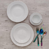 Professional Quality Izabel Line by Porcelana Schmidt is a great classic, with bumps on the ends of the plates and round saucer and cups with a small base. 