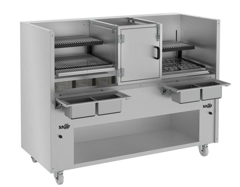         Parrilla 652 Scheer is the most complete machine of the 650 line. You will have a motorized grill on the left and right side with a central fire lighter with door, so there is the possibility of spreading the coals. Available in brushed BLACK or STAINLESS STEEL options giving the device a sophisticated look. The product with optional firewood burning basket, fixed or retractable platen and internal compartment for storing coal.