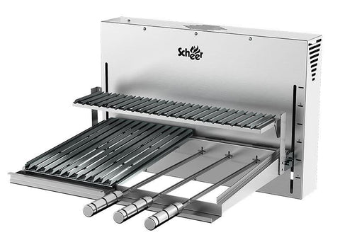 Brick wall Automatic Parrilla Grill Scheer is based on the Porteño tradition of grilling, with the patented design and technology of Scheer allowing the motorized control of height to regulate heating. The motorized Lift Grill that goes up and down automatically by the push of a button adjusts the grill according to the intensity of fire. The height setting and heat intensity is directly connected to the preparation, finishing mode and desired tasting point.