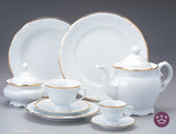 Entertaining and elegant dining is made easy with this complete dining set. This dinnerware set from Porcelana Schmidt is made of fine and durable porcelain, complete with serving pieces. Elegant and attractive dinnerware set, perfect for everyday use or a holiday gathering. This set features a brilliant gold rim border to create a truly rich looking design.