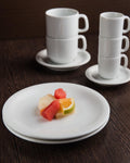 Professional Quality white Espresso Saucer 4 1/4 in - Set 36  by Porcelain Schmidt. Flat plates with a small flap, which gives additional resistance to the pieces.