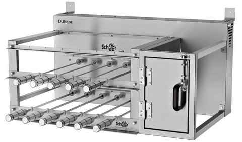Barbecue Due 620 Rotisserie system + Fire Box. Designed for the Wood-burning lovers, where you start fire on the wood located in a wood basket beside the rotisserie system, then you spread the coals underneath the rotisserie skewers when the fun starts. 